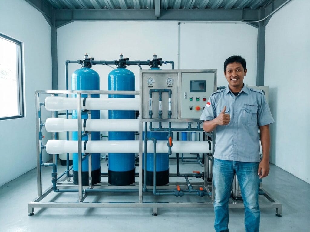 Teknisi Bravowater di depan mesin RO industri yang baru terpasang